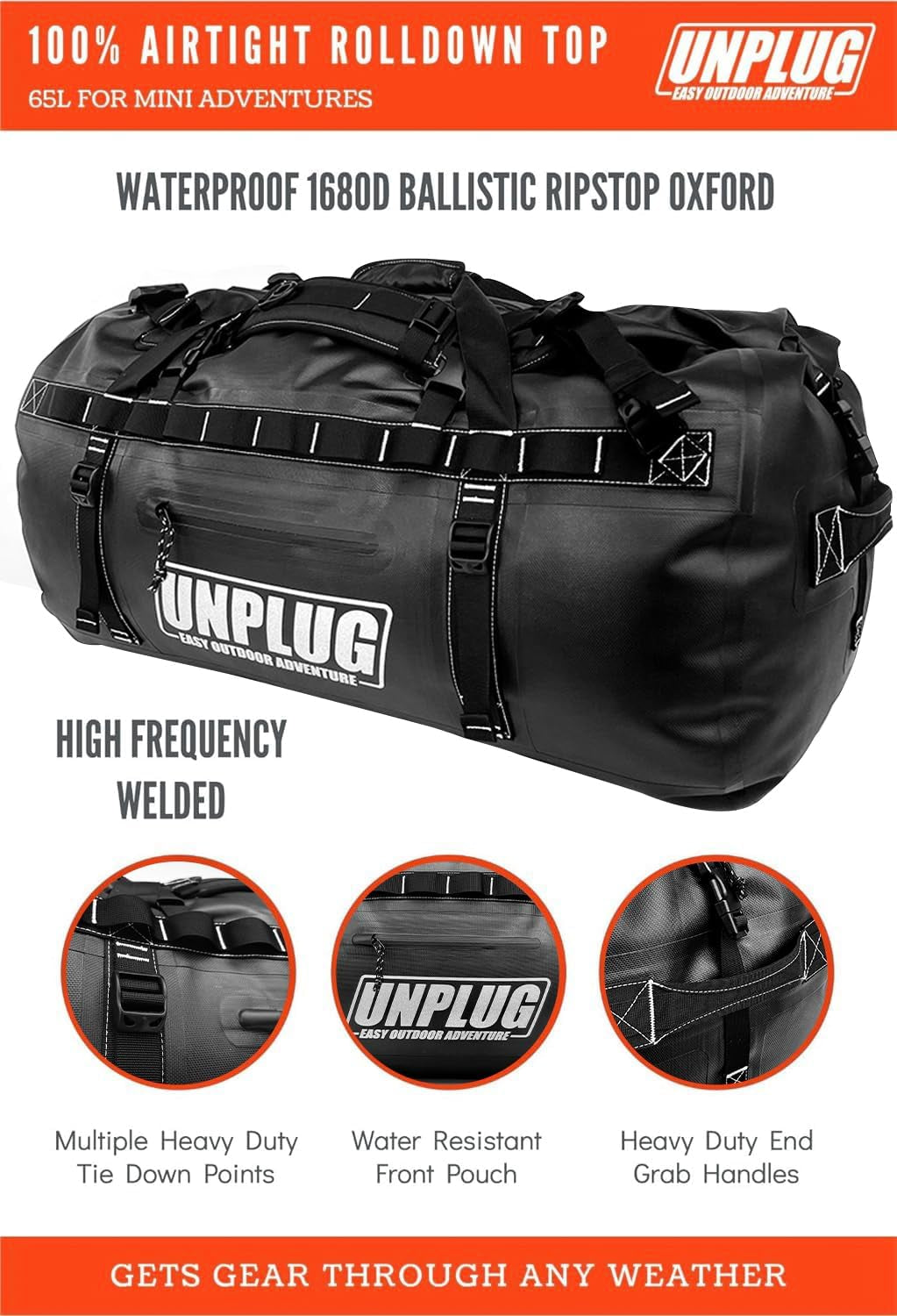 UNPLUG Ultimate Adventure Bag | 1680D Heavy Duty Waterproof Bag | Large Travel Duffle Bag Which Can Be Used for Camping, Motorcycling, Boating, or Hunting