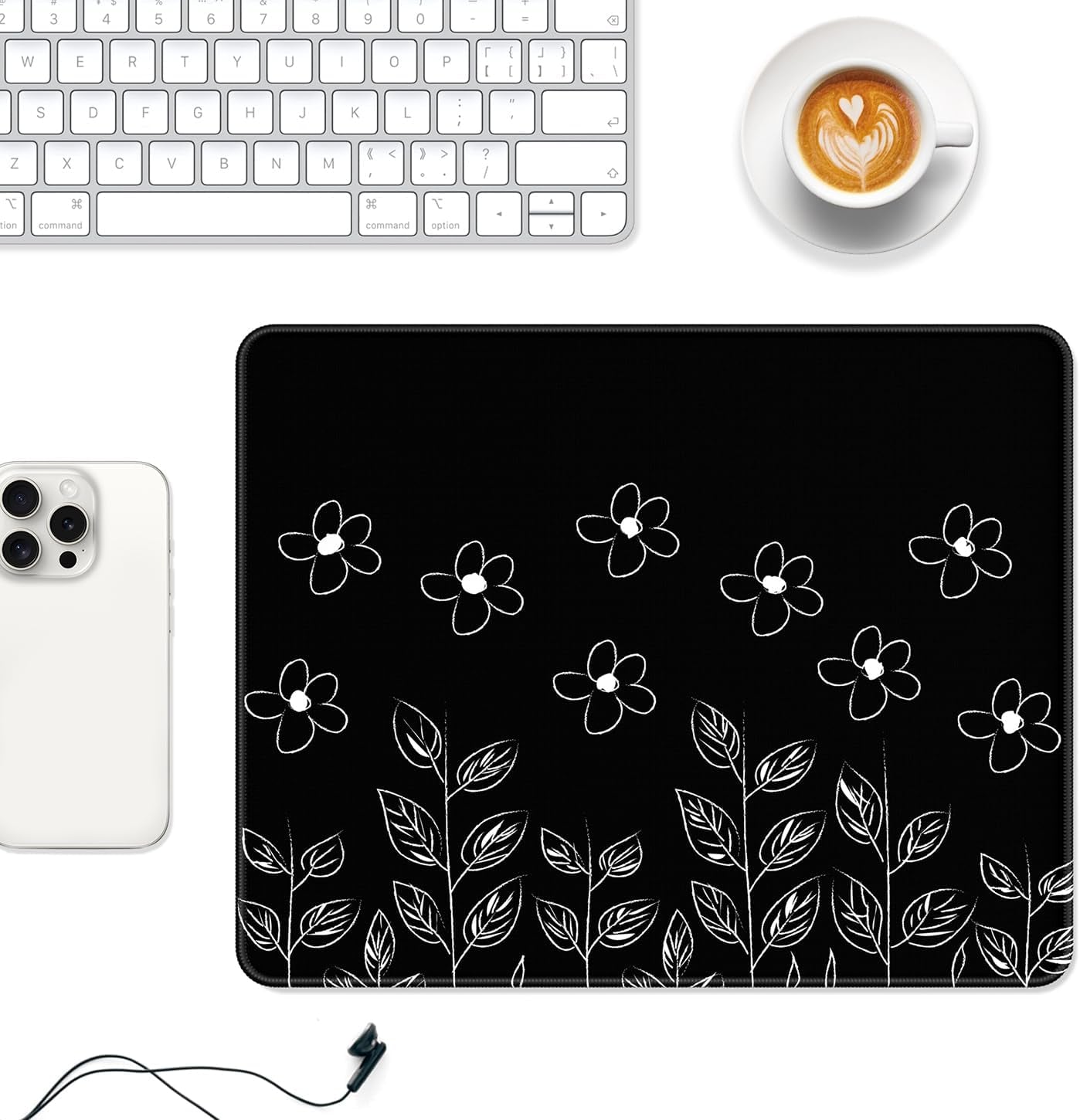 Auhoahsil Mouse Pad, 12 X 10 in Flower Theme Computer Mouse Pad for Desk, Premium-Textured Non-Slip Rubber Stitched Edges Waterproof Square Mouse Mat for Gaming Work Wireless Mice, Black