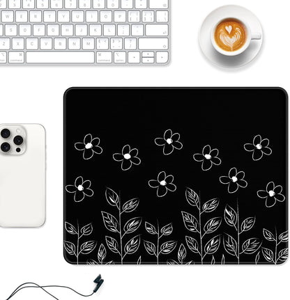 Auhoahsil Mouse Pad, 12 X 10 in Flower Theme Computer Mouse Pad for Desk, Premium-Textured Non-Slip Rubber Stitched Edges Waterproof Square Mouse Mat for Gaming Work Wireless Mice, Black