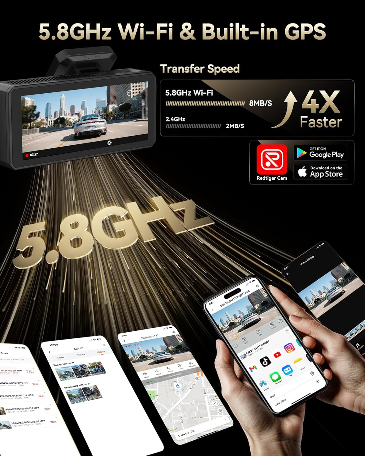 REDTIGER F77 4K+4K Dash Cam Front and Rear, Dual STARVIS 2 IMX678 HDR, Built-In 128GB Emmc, Voice Control Dash Camera for Cars with 5.8Ghz Wifi, 4'' Touch Screen, GPS, Night Vision, 24H Parking Mode