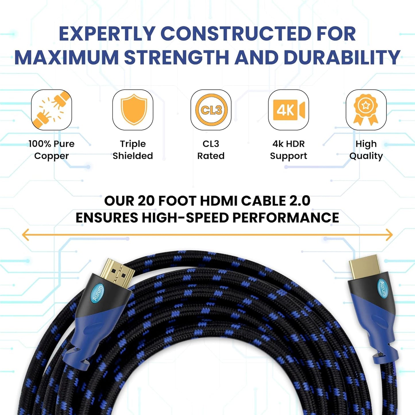 AURUM CABLES 20Ft HDMI Cable 4K@60Hz Ultra HD, High Speed with Ethernet HDMI Cable Braided Nylon & Gold Connectors, ARC, CL3 Rated - Compatible with TV, PC, Monitor, Laptops, PS3, PS5, PS4