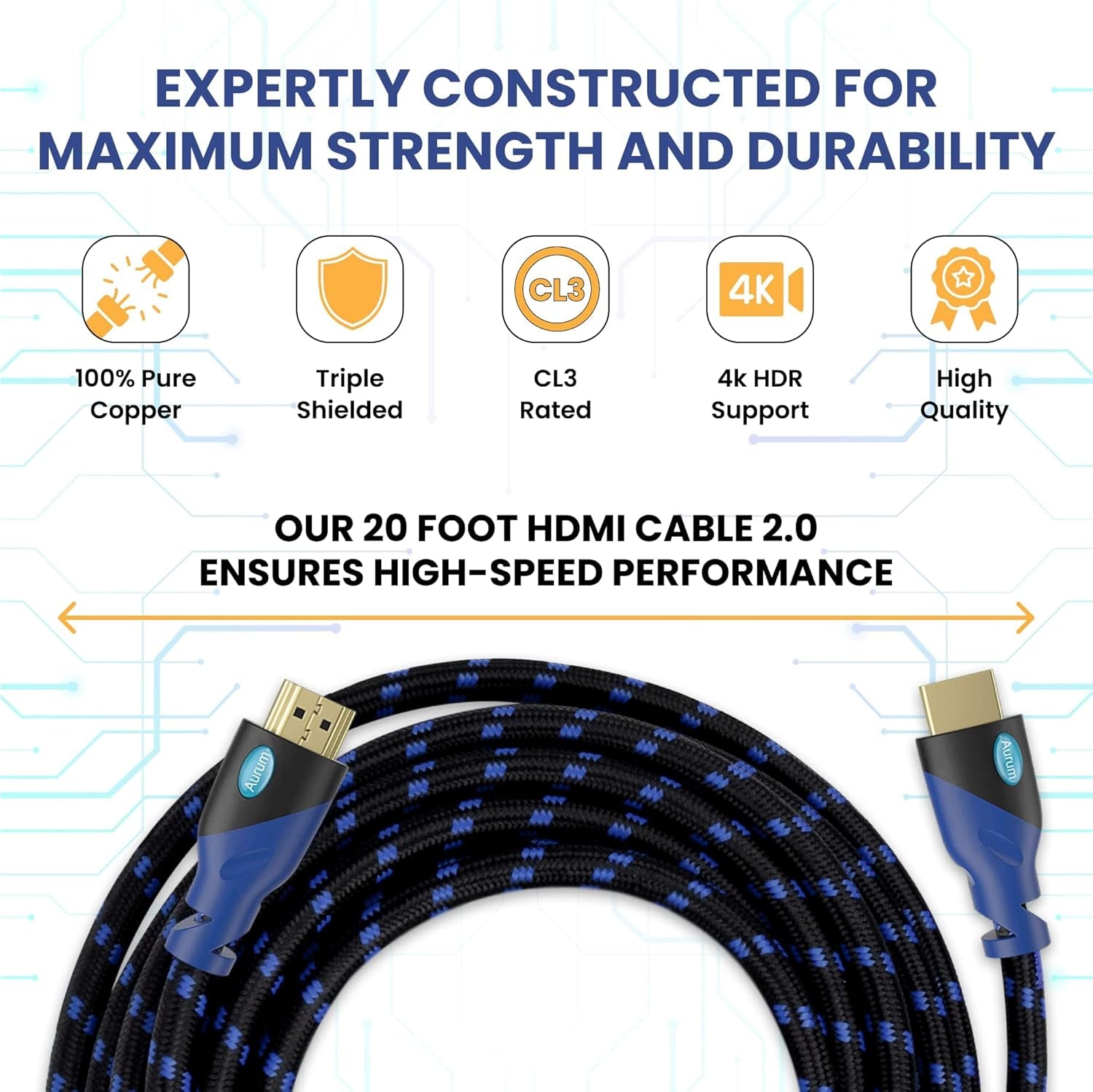 AURUM CABLES 20Ft HDMI Cable 4K@60Hz Ultra HD, High Speed with Ethernet HDMI Cable Braided Nylon & Gold Connectors, ARC, CL3 Rated - Compatible with TV, PC, Monitor, Laptops, PS3, PS5, PS4