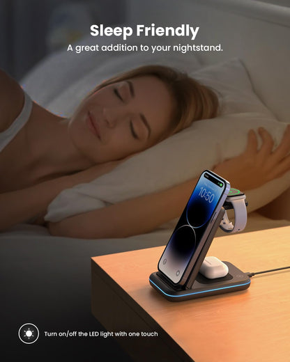 GEEKERA 3 in 1 Wireless Charging Station, Foldable Wireless Charger Stand for Multiple Apple Devices for Iphone 17 16-8, Apple Watch Ultra//11/10/9/Se/8/7/6/5, Airpods Pro/4/3/2
