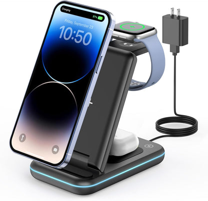 GEEKERA 3 in 1 Wireless Charging Station, Foldable Wireless Charger Stand for Multiple Apple Devices for Iphone 17 16-8, Apple Watch Ultra//11/10/9/Se/8/7/6/5, Airpods Pro/4/3/2