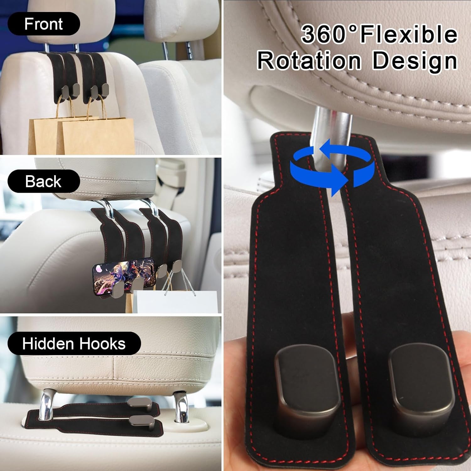 2 Pcs Multifunctional Headrest Hooks for Car, Premium Suede Material Purse Holder for Car, Double Car Seat Hooks for Headrest, Car Headrests Hook Fits Universal Car Seat Back Storage Hook
