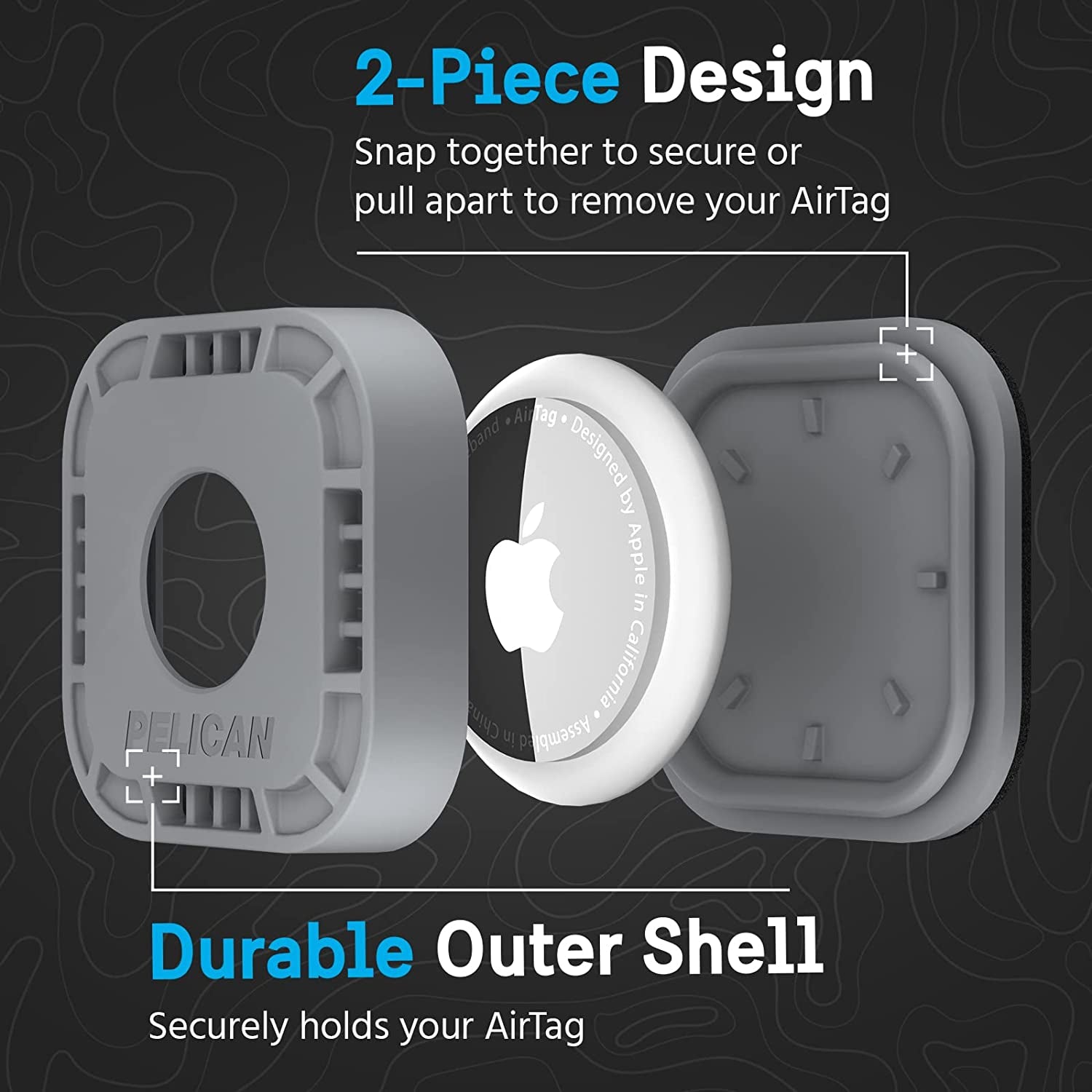 Pelican Airtag Holder - Rugged Shockproof Case with 3M Adhesive for Luggage, Bike, Car & More - Grey