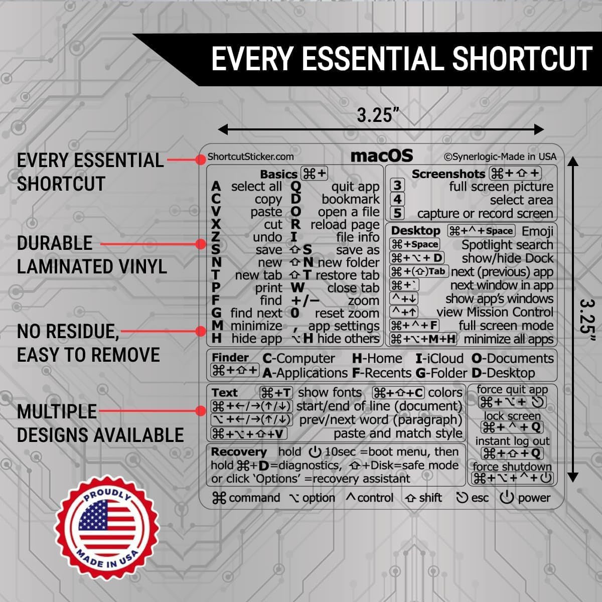 Synerlogic Mac OS Shortcuts Sticker for Air/Pro | Keyboard Stickers for Macos | Laminated Vinyl Macbook Cheatsheet | Macbook Shortcuts 2026 (Clear/Black)