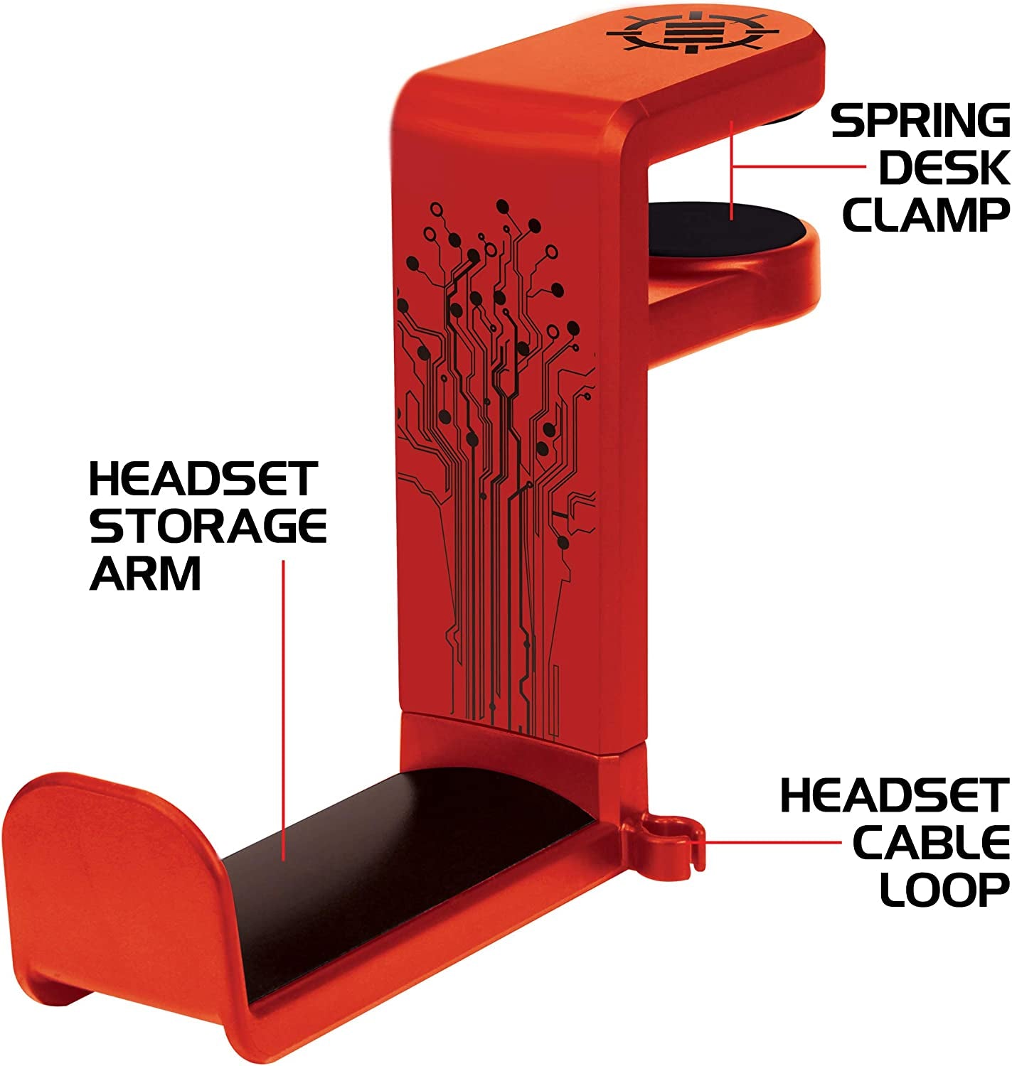 ENHANCE PC Gaming Headphone Holder - Desk Headphone Hanger Esports Headset Holder with Adjustable 360 Rotation, under Desk Hook Clamp, Universal Fit - Built in Cable Clip Organizer - Red