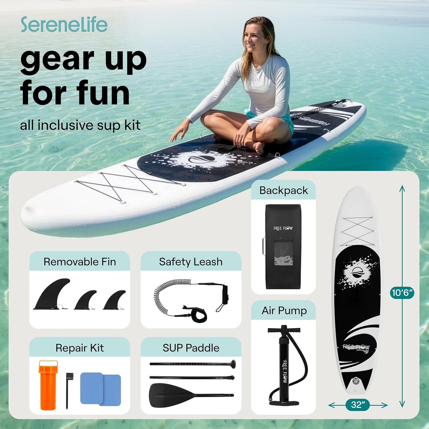 Serenelife Inflatable Stand up Paddle Board - Wide Stable Design, Non-Slip Deck for Adults & Youth with Premium Paddle Board Accessories: Carry Bag, Dual Action Pump, Paddle, Ankle Leash