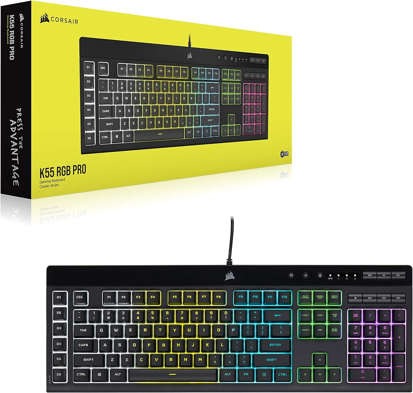 CORSAIR K55 RGB PRO - Dynamic RGB Backlighting - Six Macro Keys with Elgato Stream Deck Software Integration - IP42 Dust and Spill Resistant - Detachable Palm Rest - Dedicated Media and Volume Keys