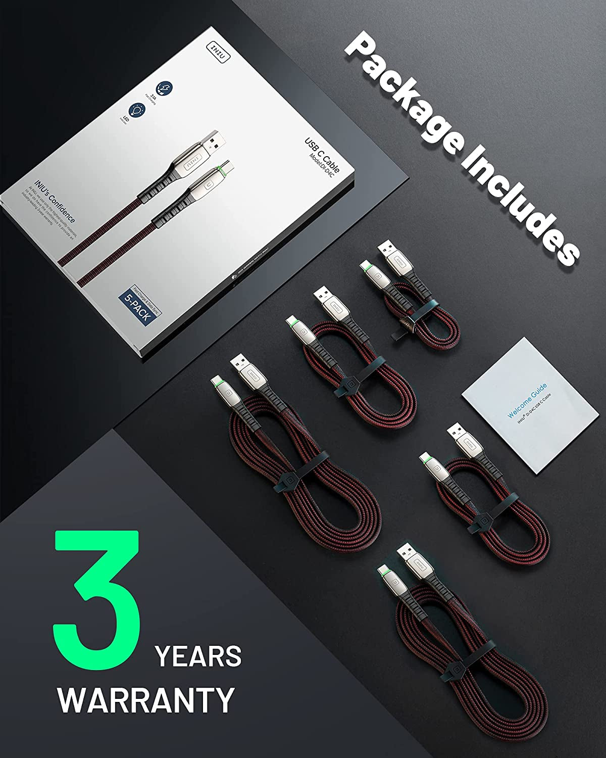 USB Type C Cable, [5 Pack 3.1A] Quick QC3.0 Fast Charging USB C Cable, INIU (1.6+3.3+3.3+6.6+6.6Ft) Nylon Phone Charger USB-C Cables for Samsung Galaxy S20 S10 S9 S8 plus Note 10 9 LG Google Pixel Etc