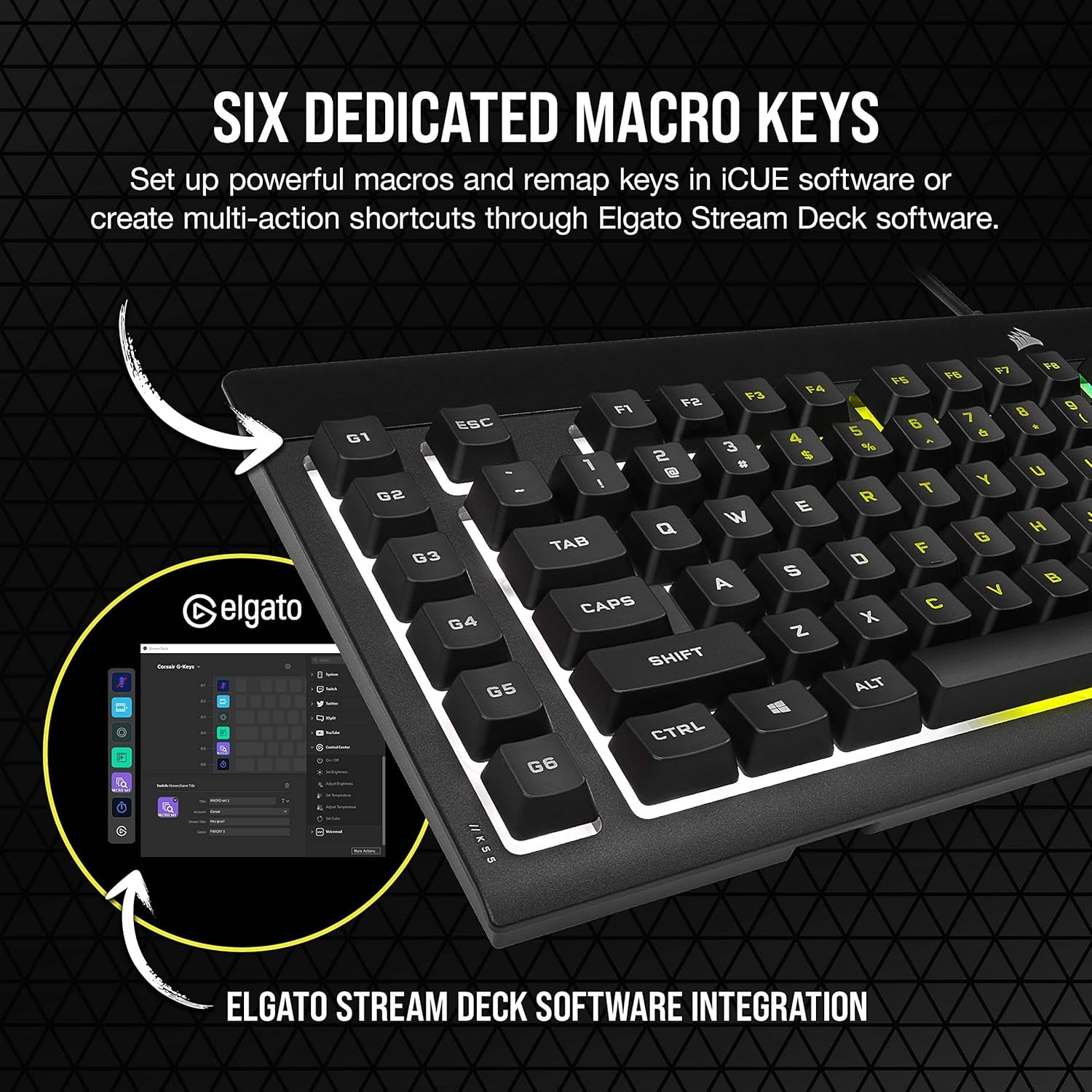 CORSAIR K55 RGB PRO - Dynamic RGB Backlighting - Six Macro Keys with Elgato Stream Deck Software Integration - IP42 Dust and Spill Resistant - Detachable Palm Rest - Dedicated Media and Volume Keys