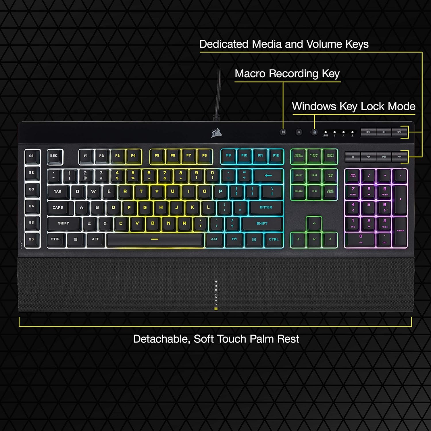 CORSAIR K55 RGB PRO - Dynamic RGB Backlighting - Six Macro Keys with Elgato Stream Deck Software Integration - IP42 Dust and Spill Resistant - Detachable Palm Rest - Dedicated Media and Volume Keys