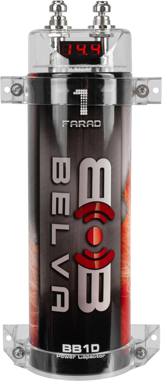 Belva BB1D 1.0 Farad Car Audio Power Capacitor with Red Digital Voltage Display, Audible Warning Indicators, Clear Mounting Brackets, Automatic Shutoff Protection for Systems up to 1000W