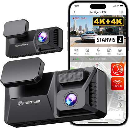 REDTIGER F77 4K+4K Dash Cam Front and Rear, Dual STARVIS 2 IMX678 HDR, Built-In 128GB Emmc, Voice Control Dash Camera for Cars with 5.8Ghz Wifi, 4'' Touch Screen, GPS, Night Vision, 24H Parking Mode