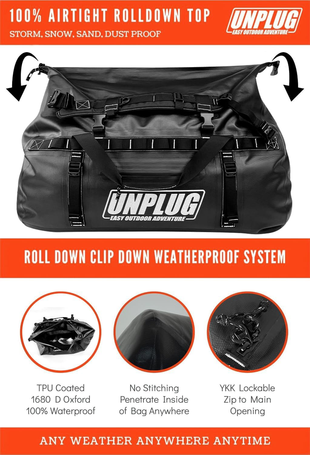 UNPLUG Ultimate Adventure Bag | 1680D Heavy Duty Waterproof Bag | Large Travel Duffle Bag Which Can Be Used for Camping, Motorcycling, Boating, or Hunting