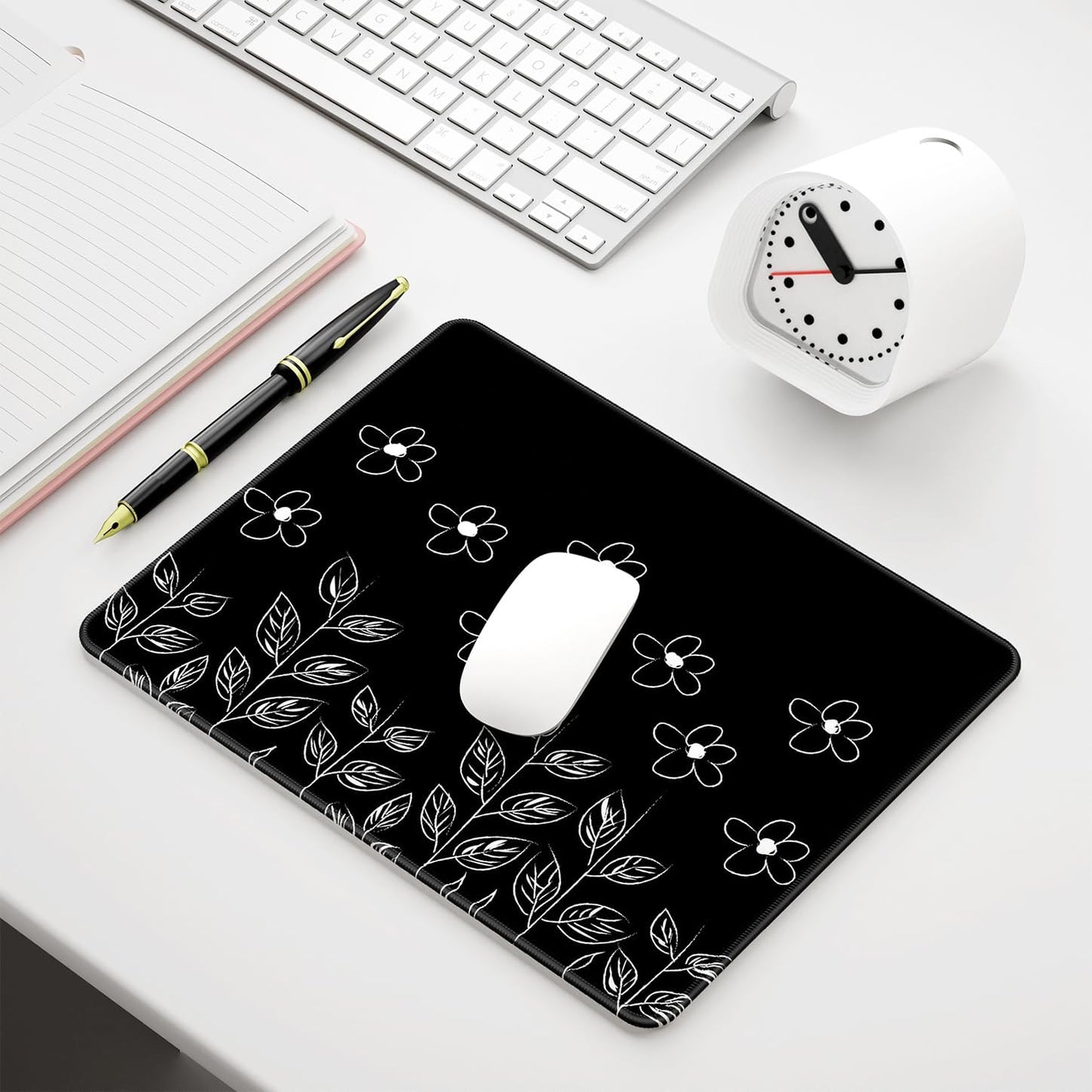 Auhoahsil Mouse Pad, 12 X 10 in Flower Theme Computer Mouse Pad for Desk, Premium-Textured Non-Slip Rubber Stitched Edges Waterproof Square Mouse Mat for Gaming Work Wireless Mice, Black