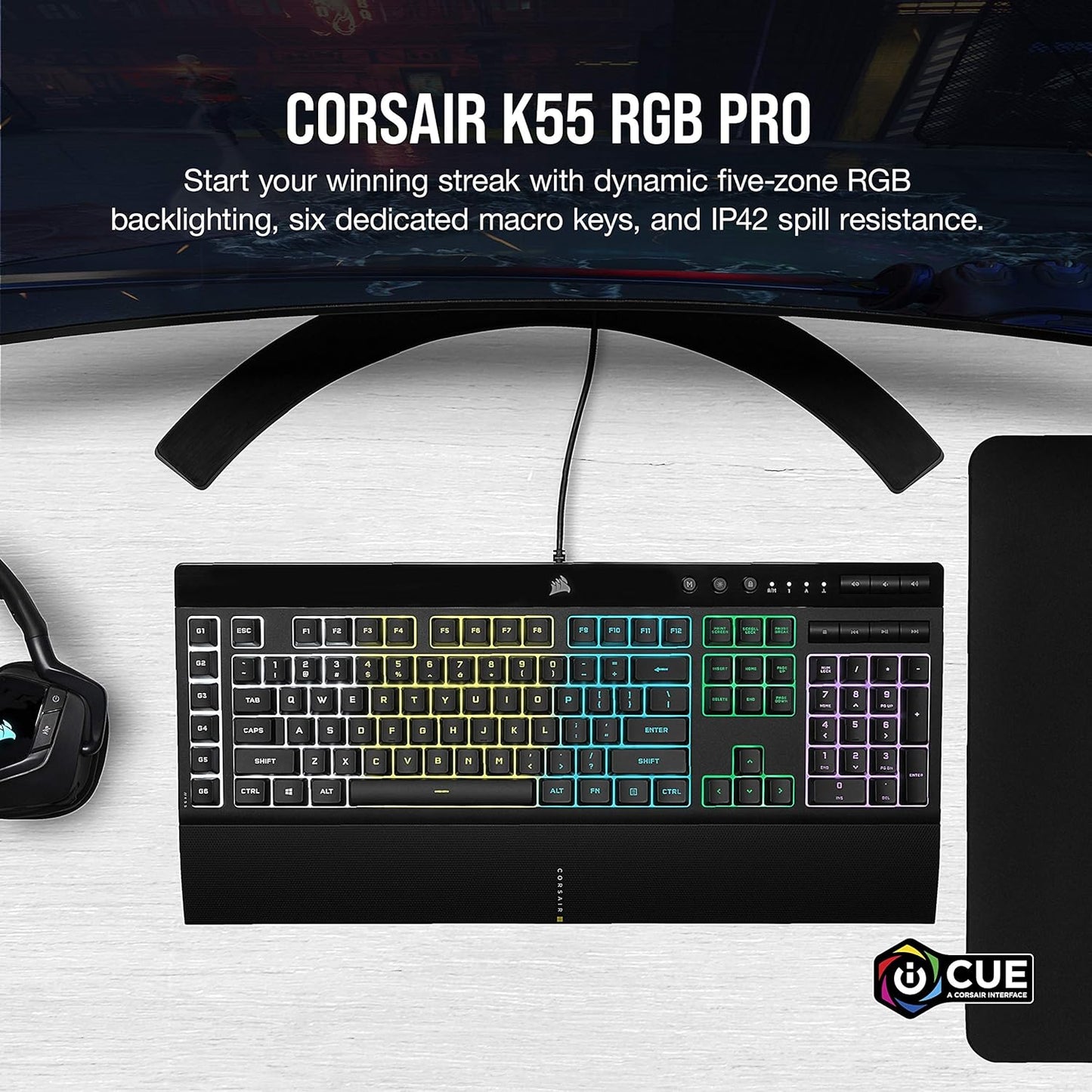 CORSAIR K55 RGB PRO - Dynamic RGB Backlighting - Six Macro Keys with Elgato Stream Deck Software Integration - IP42 Dust and Spill Resistant - Detachable Palm Rest - Dedicated Media and Volume Keys