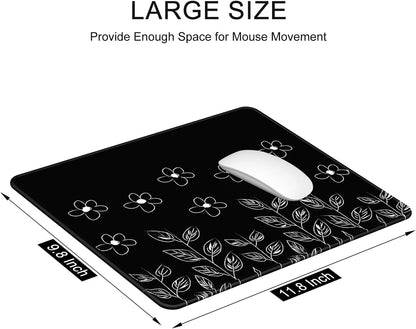 Auhoahsil Mouse Pad, 12 X 10 in Flower Theme Computer Mouse Pad for Desk, Premium-Textured Non-Slip Rubber Stitched Edges Waterproof Square Mouse Mat for Gaming Work Wireless Mice, Black