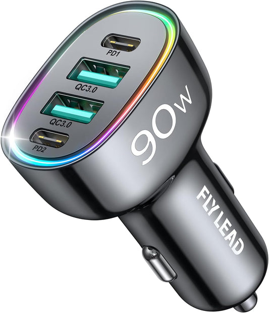 Car Charger USB C, 4 Port 90W Super Fast Charging for Iphone 17 Car Adapter, Dual PD 45W Type C & QC 3.0 USB a Multiport Car Cigarette Lighter Accessories for Iphone 16 15 14 13 12, Ipad, Galaxy S26